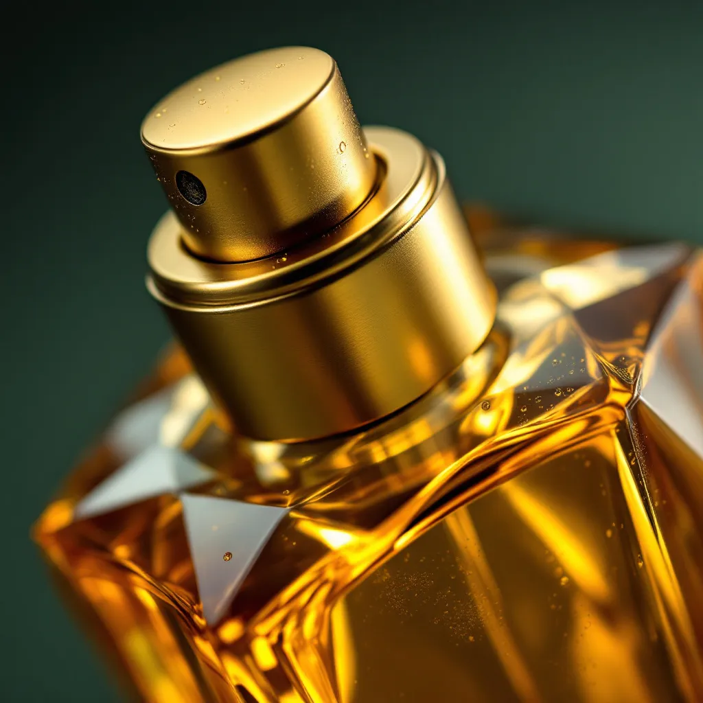 Macro detail of the amber perfume bottle's brushed gold atomizer and golden liquid