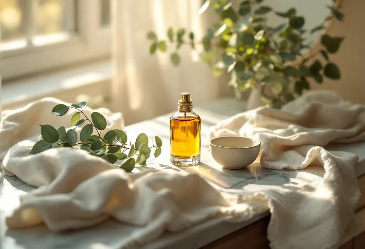 The amber perfume bottle styled on a vanity with linen and eucalyptus in warm morning light